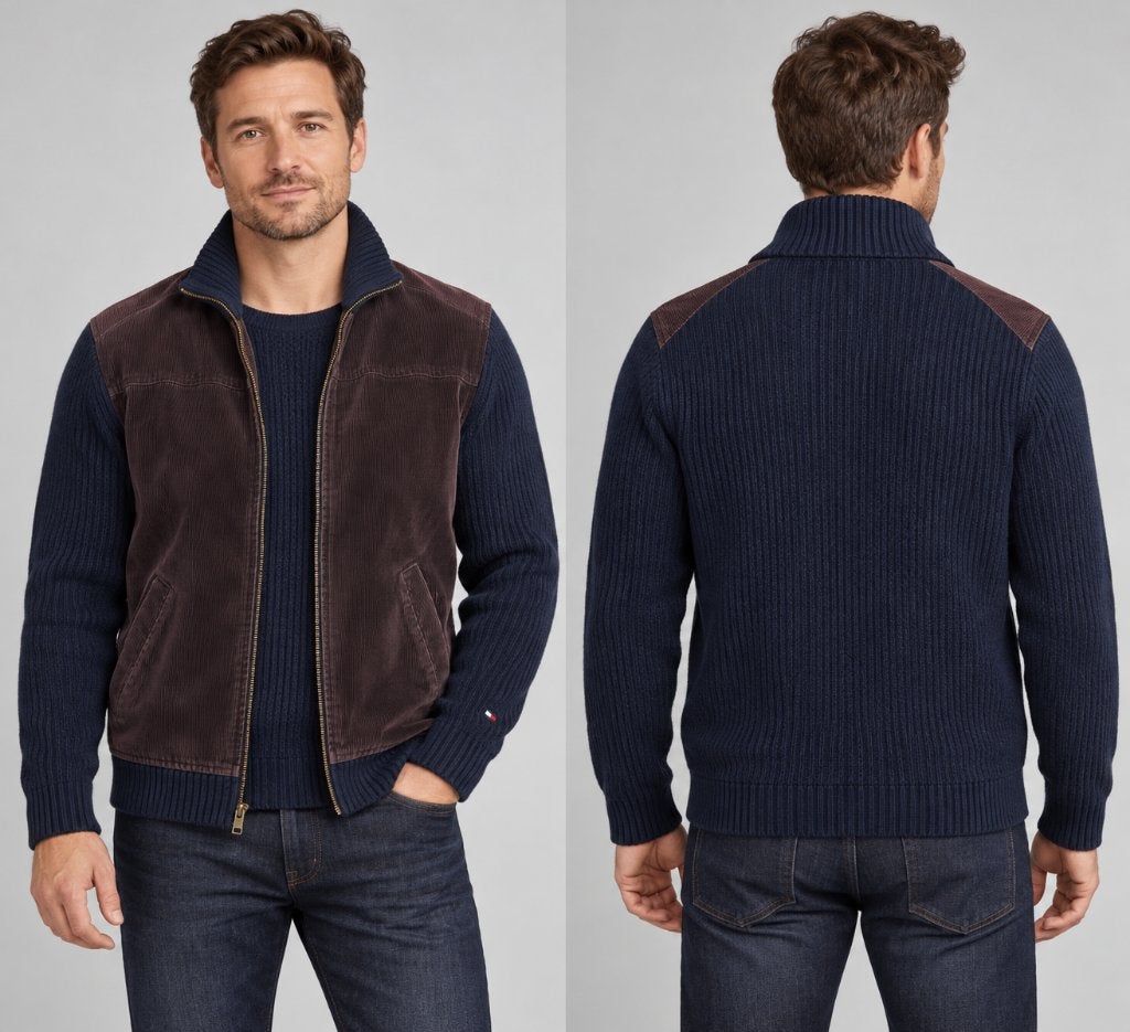 Tommy Hilfiger vest donkerblauw met bruine panelen L, Ophalen of Verzenden, Gedragen, Maat 52/54 (L)