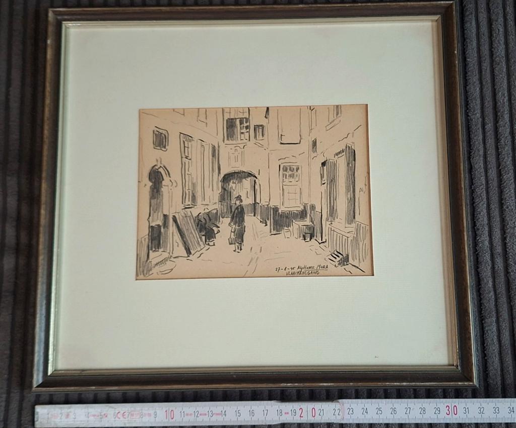 Originele pentekening Alphonse Mora, De Vlaaikensgang Antw., Antiek en Kunst, Kunst | Tekeningen en Fotografie, Ophalen