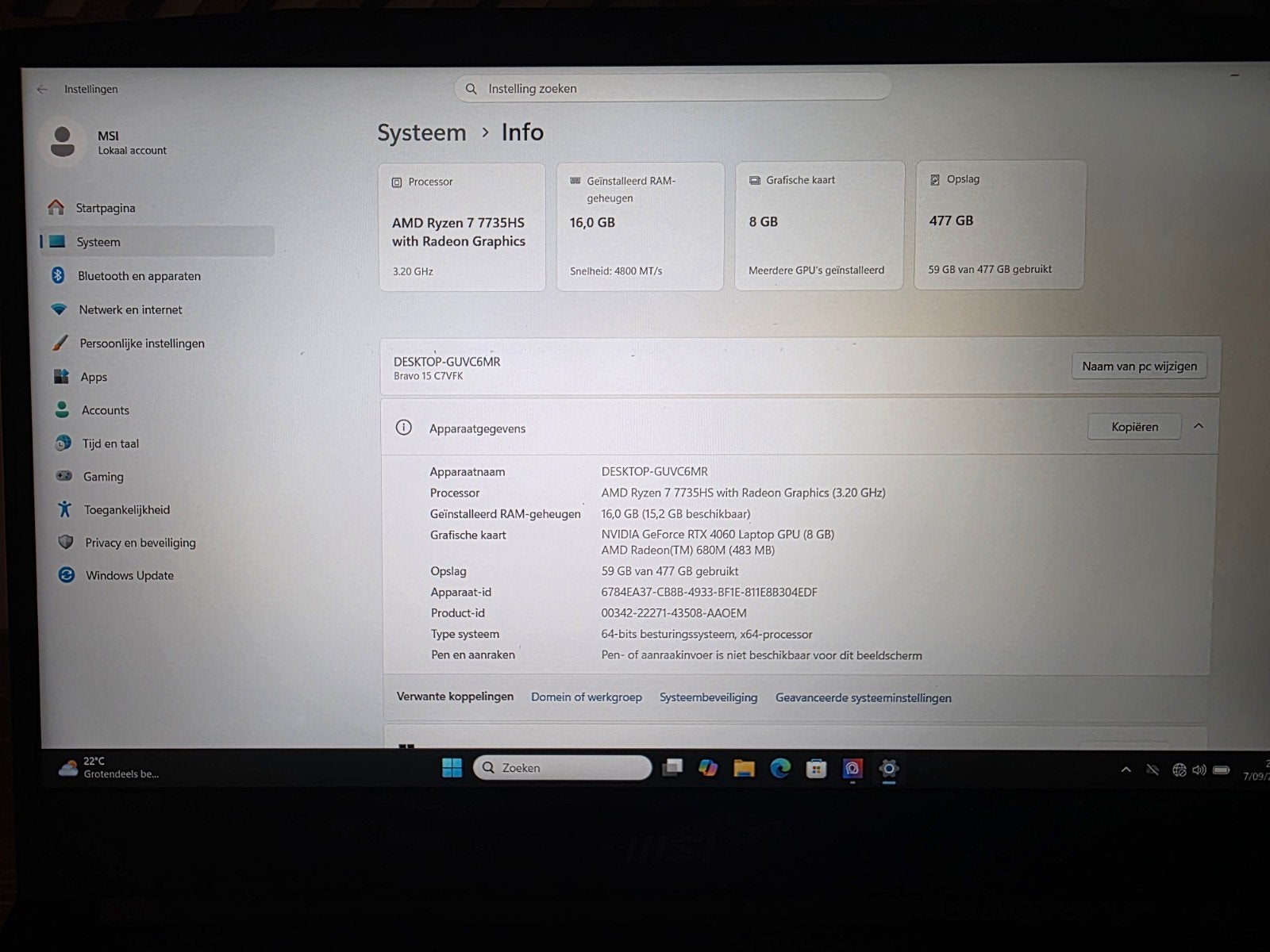 MSI Bravo Gaming- RTX 4060- 16GB RAM- 512GB SSD, Computers en Software, Ophalen of Verzenden, Gaming, SSD