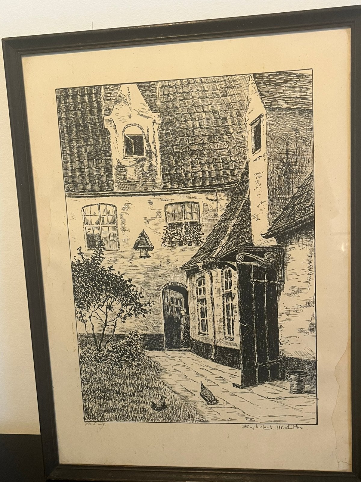 Lithographie de la cour de l'abbaye Saint-Bernard de Bornem, Antiquités & Art, Art | Lithographies & Sérigraphies, Encadré, Enlèvement ou Envoi