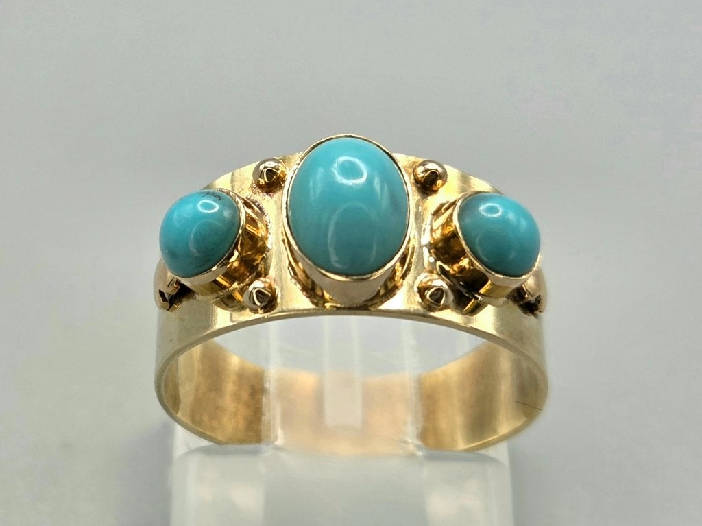 Gouden Vintage ring met turkooizen edelstenen. 2026/734., Handtassen en Accessoires, Ophalen of Verzenden, Met edelsteen, Dame
