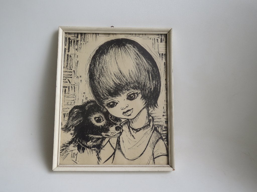 Vintage kader Big Eyes boy met hond, Antiek en Kunst, Ophalen of Verzenden