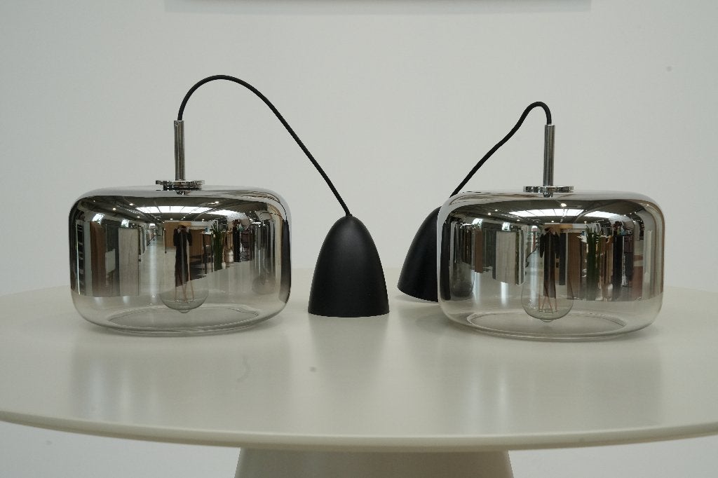 Set van 2 design hanglampen in glas en chroom, Ophalen, E27 (groot), Tijdloos, Glas
