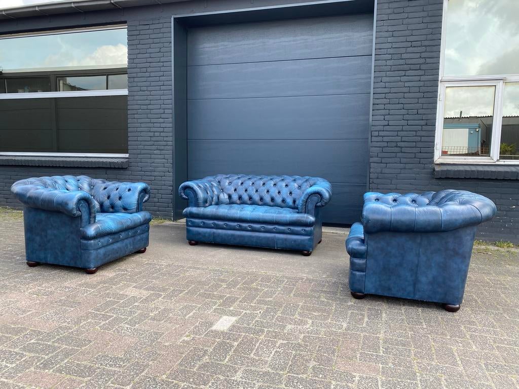 Chesterfield 2+1+1 zit zetels jeans blauw, Huis en Inrichting, Ophalen of Verzenden, Zo goed als nieuw, Leer