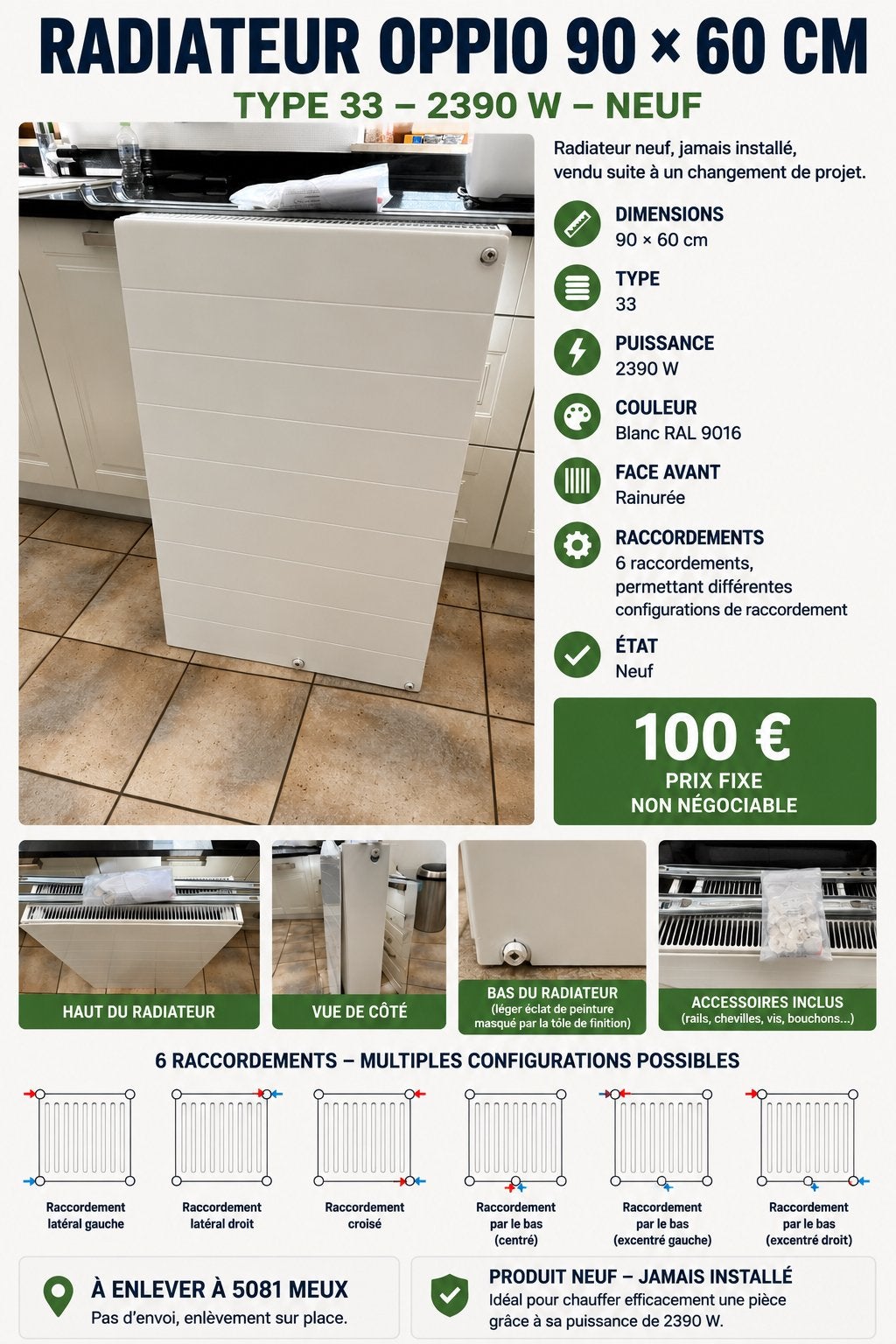 Radiateur oppio à panneaux avec 6 raccords 9060 cm Type 33, Bricolage & Construction, Chauffage & Radiateurs, Enlèvement, Comme neuf