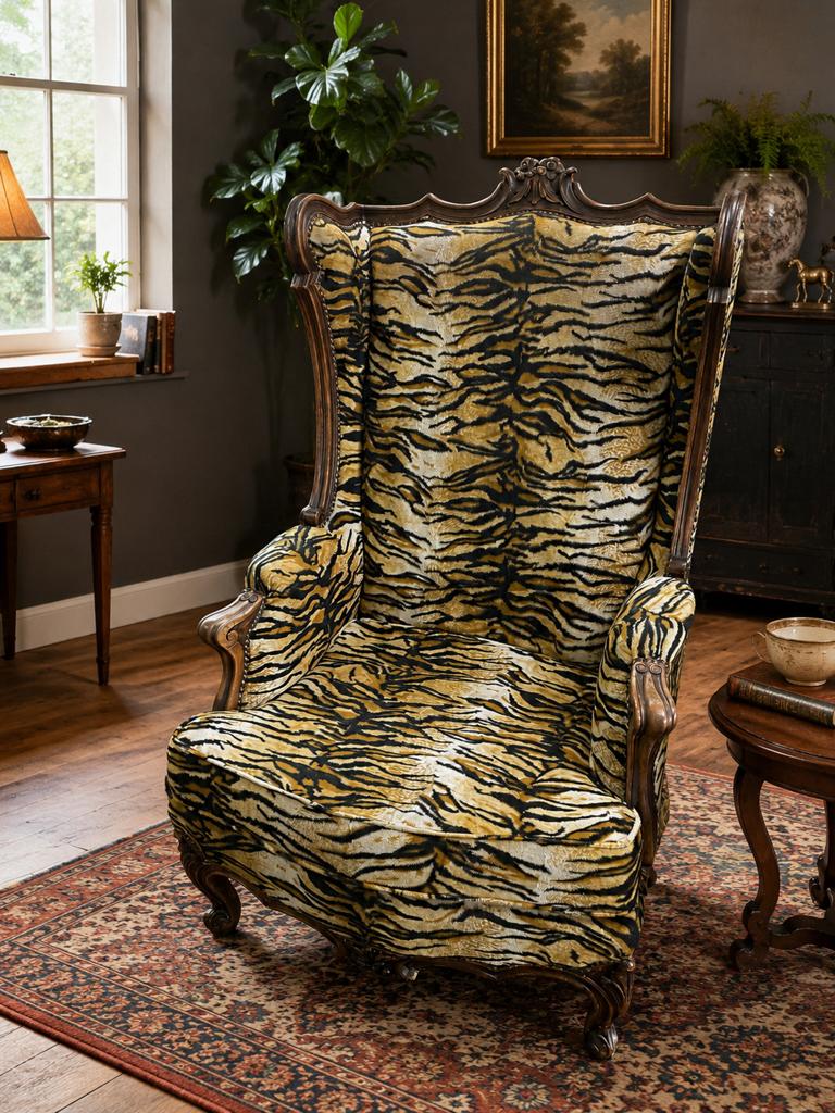 Unieke vintage oorzetel / fauteuil met tijgerprint, Enlèvement, Comme neuf, Tissus
