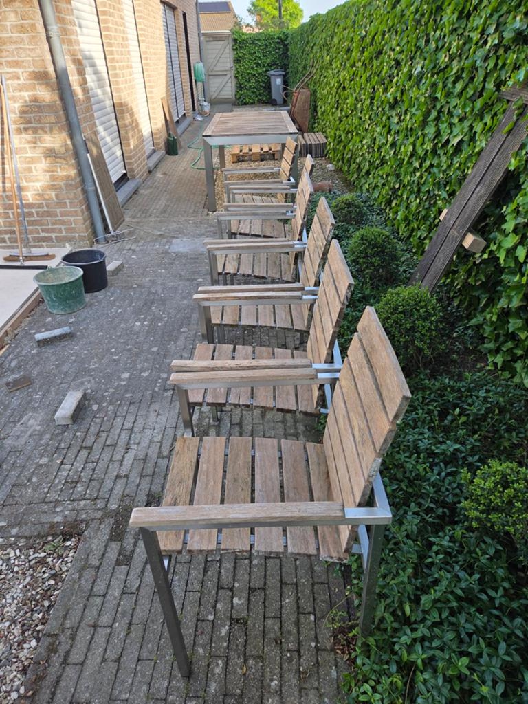 Buiten tafel met stoelen in inox rvs, Jardin & Terrasse, Ensembles de jardin, Bois, Enlèvement