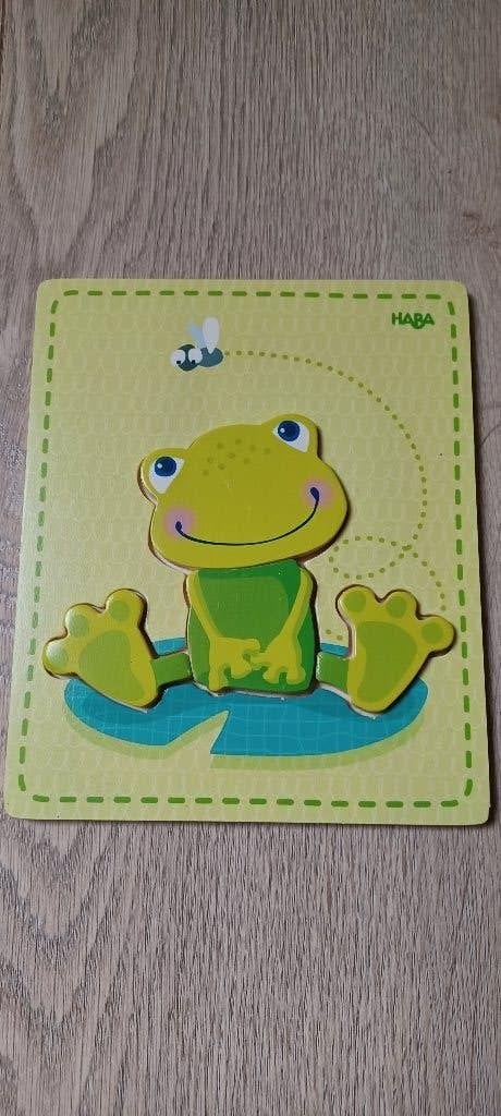 Haba - Houten puzzel kikker 4 stuks in puzzelplaat, Kinderen en Baby's, Ophalen of Verzenden, Minder dan 10 stukjes, Zo goed als nieuw