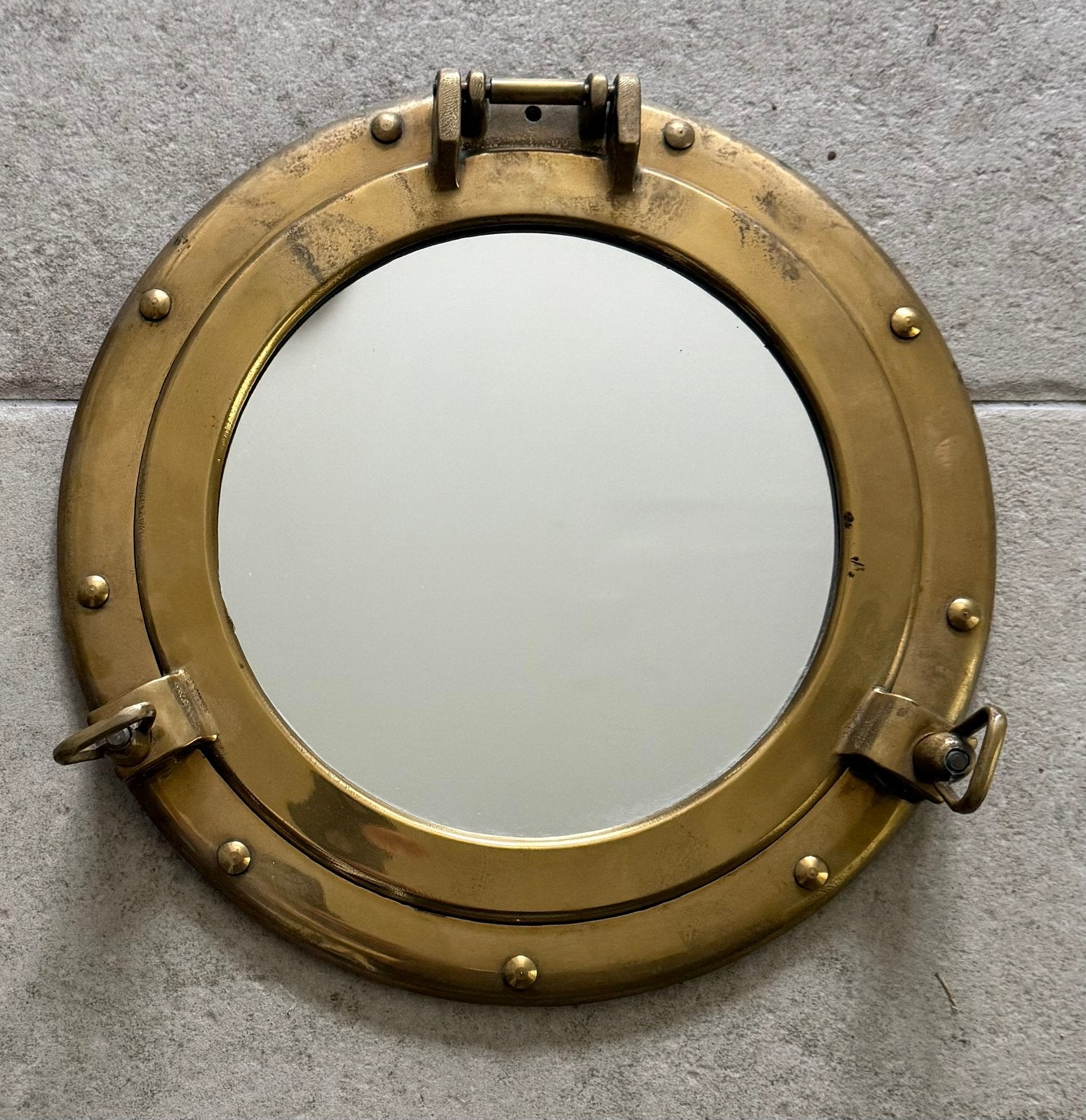 Spiegel messing matrijspoort, Minder dan 50 cm, Rond, Ophalen of Verzenden, Zo goed als nieuw