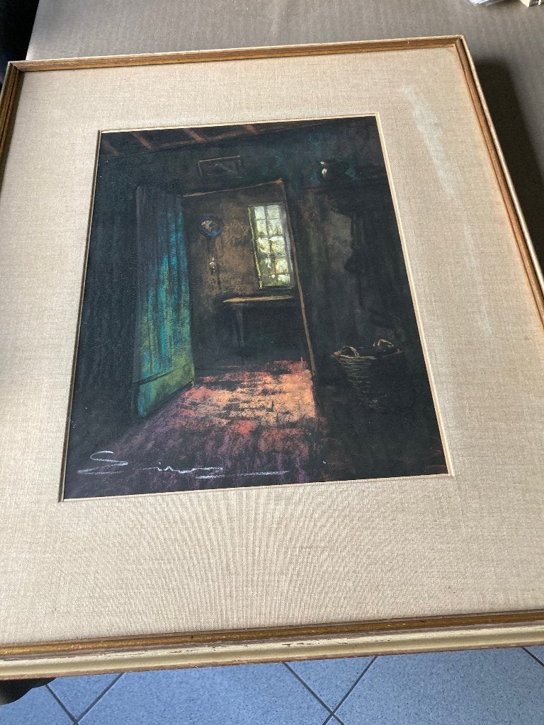 Interieur boerenhuis pastel, Antiek en Kunst, Ophalen, Achter glas, Pastel