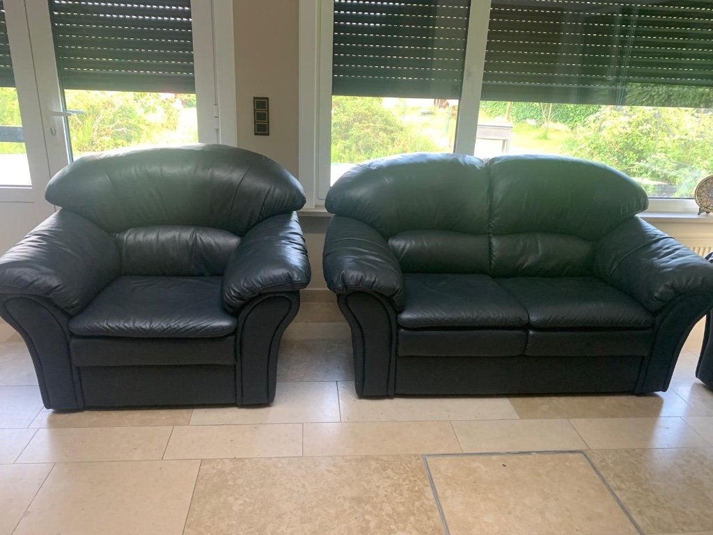 Lederen salon, Huis en Inrichting, Ophalen, Gebruikt, Leer, Rechte bank