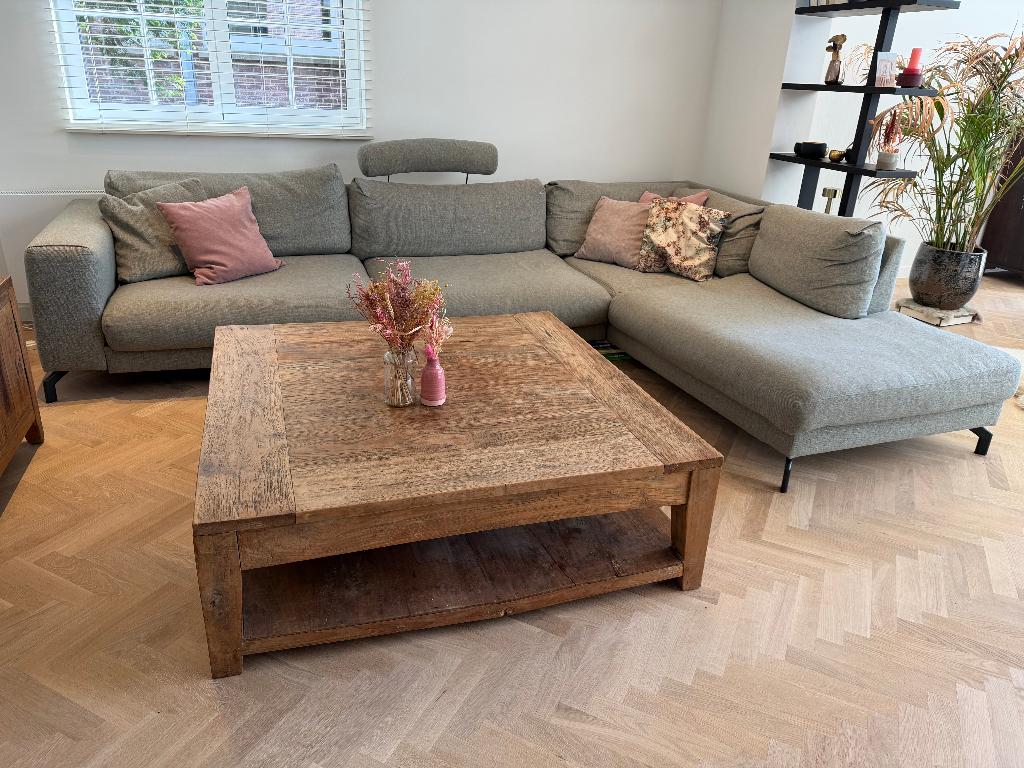 Zetel, salontafel, tv-meubel, tafel met (8) stoelen, Huis en Inrichting, Ophalen, Gebruikt, Landelijk - teak, Stof