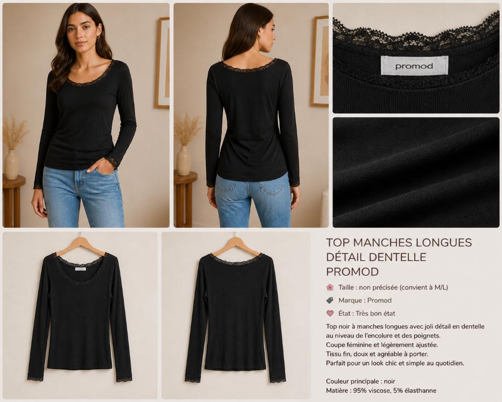 Top noir manches longues col dentelle – Promod, Taille 42/44 (L), Enlèvement ou Envoi, Promod, Manches longues