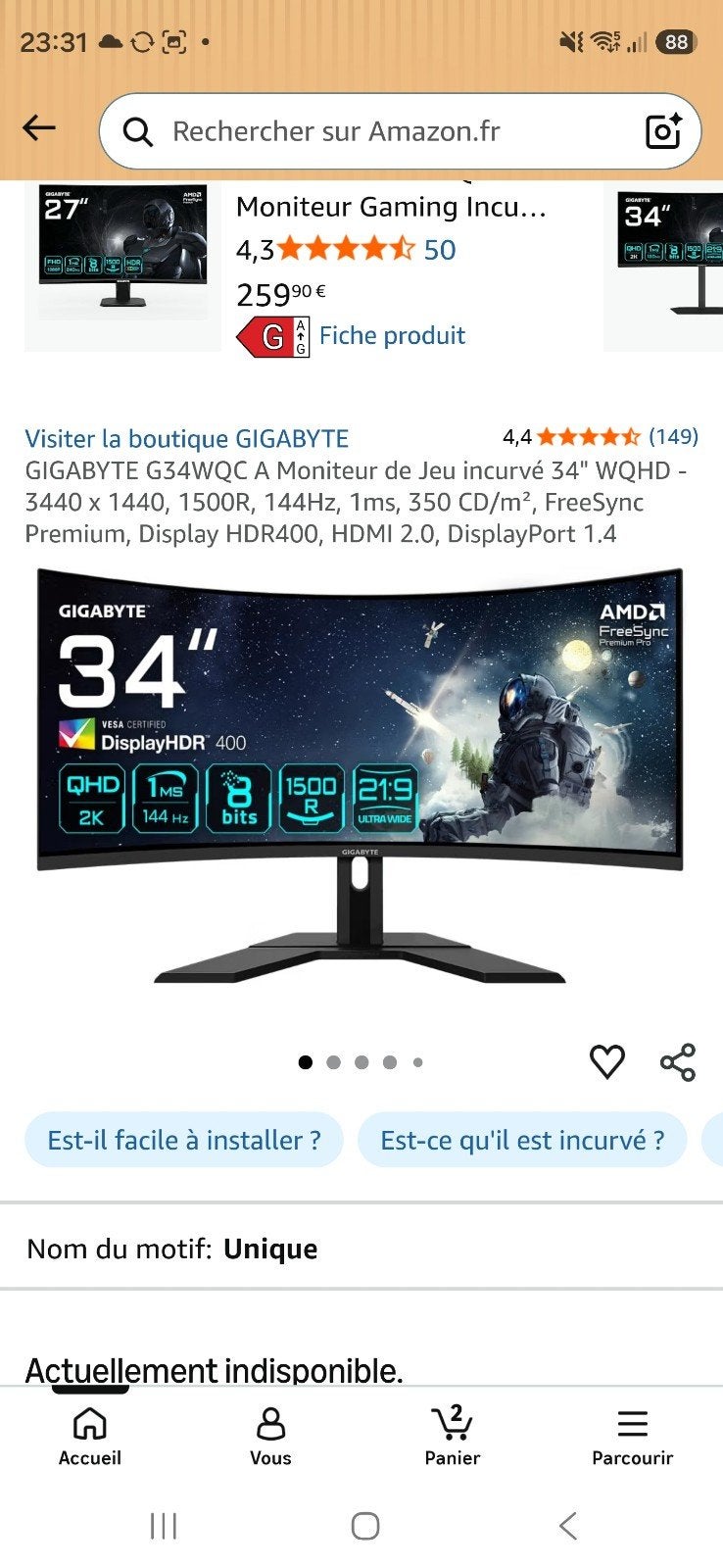 Gigabyte G34WQC FreeSync (dalle incurvée), Ophalen, Gebruikt, Gigabyte, 101 t/m 150 Hz