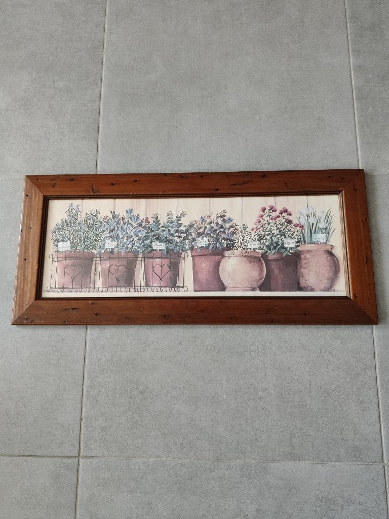Vintage houten botanisch frame/bord met aromatische kruiden, Ophalen, Gebruikt, Schilderij, Hout
