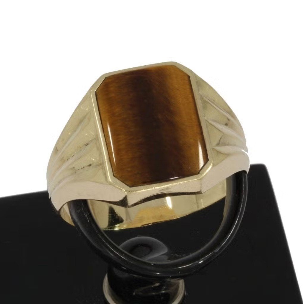 Tijgeroog 14k gouden vintage heren zegel ring fraai uniek, Heer, Ophalen of Verzenden, Zo goed als nieuw, Met edelsteen