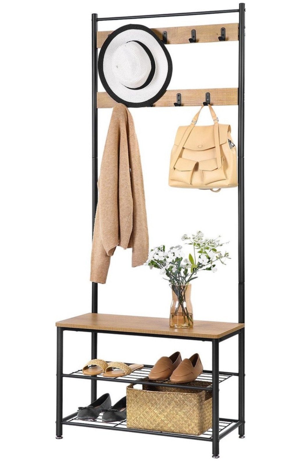 Zwart metalen schoen/vestenrek met houten accenten, Comme neuf, Métal, Portemanteau sur pied, 150 à 200 cm