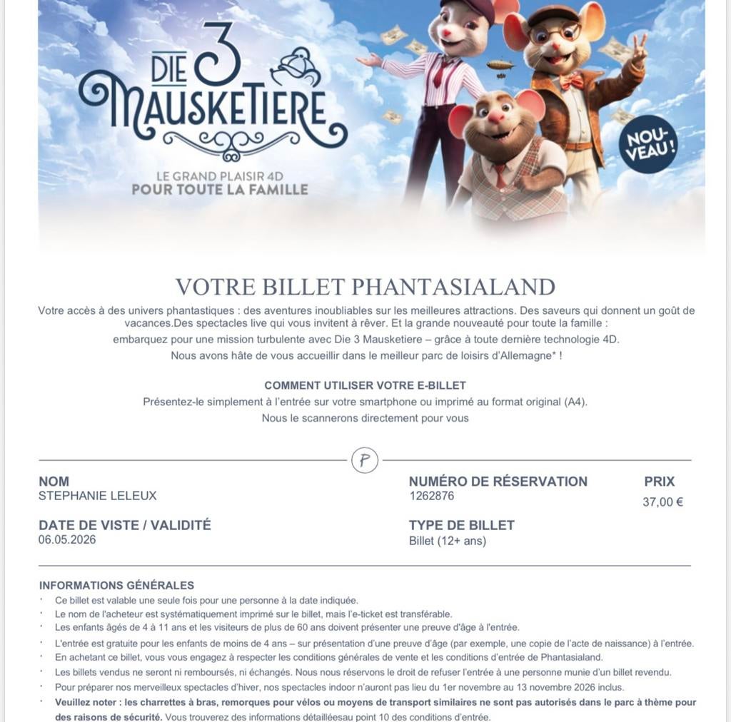 3 entrées adultes pour Phantasialand ce 6/05, Tickets en Kaartjes, Drie personen of meer, Ticket of Toegangskaart