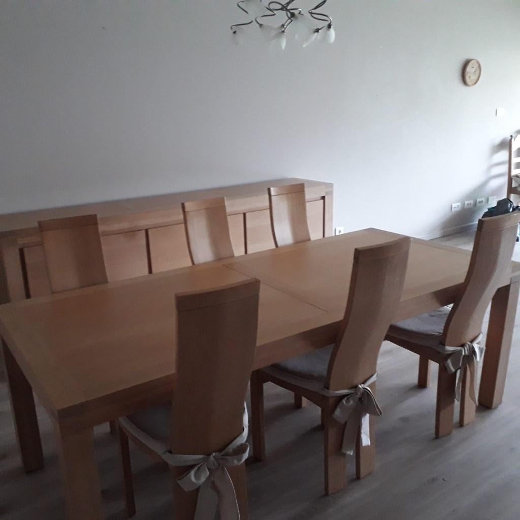 Volledige eetplaats met 6 stoelen, Huis en Inrichting, Ophalen, Zo goed als nieuw, Landelijk / modern, 4 tot 6 stoelen