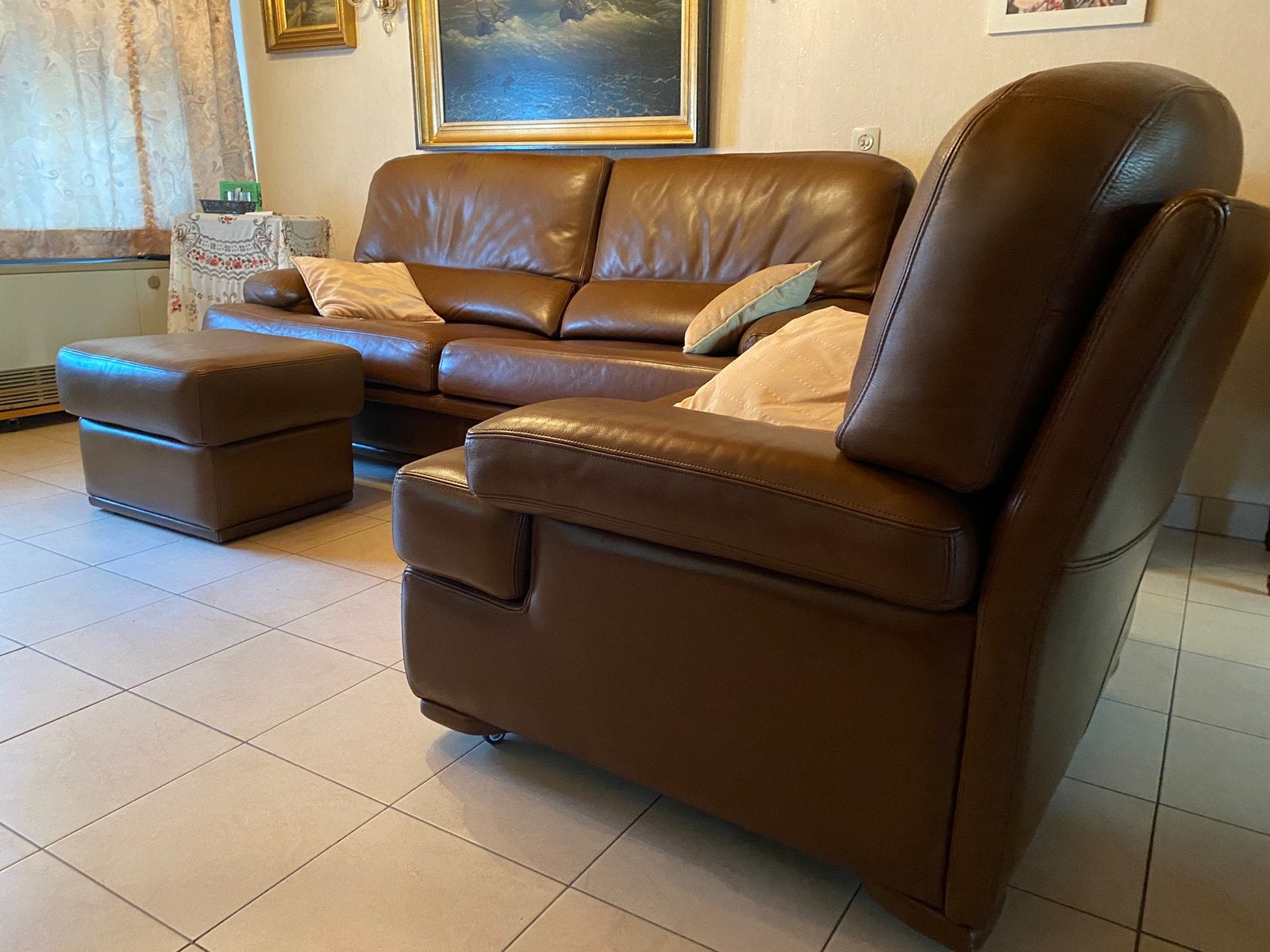 Tijdloze lederen salon / zithoek in cognackleur, Ophalen, Gebruikt, Leer, Tijdloos