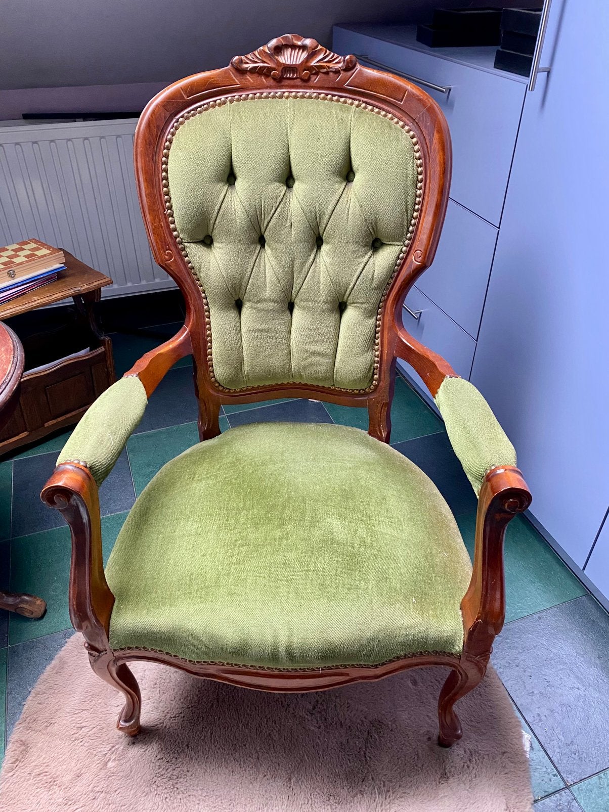 Fauteuil in Louis XVI stijl met groene velours bekleding, Antiquités & Art, Enlèvement