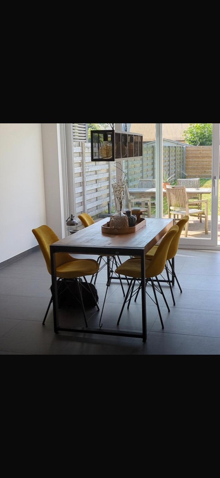 Eettafel Mangohout incl stoelen., Tuin en Terras, Ophalen, Zo goed als nieuw, Eettafel