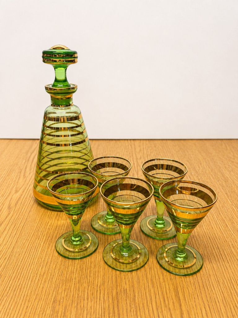 Vintage likeurset groen en goud glas - 6 stuks, Antiek en Kunst, Ophalen