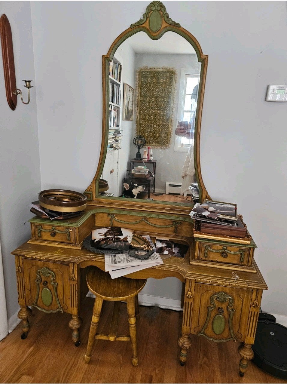 Antieke houten spiegelkaptafel met krukje, Ophalen