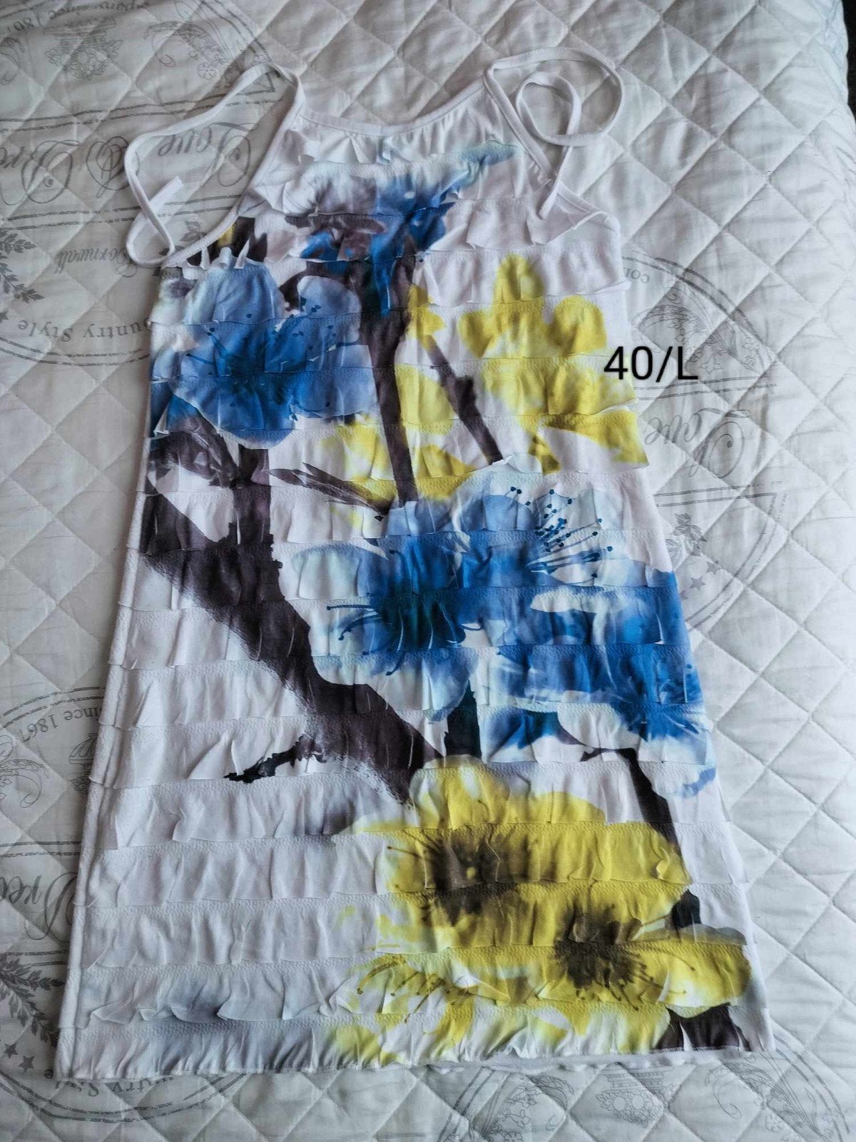 Deze witte halterjurk van L&L heeft een bloesmtakprint. 40/L, Kleding | Dames, Jurken, Ophalen, Maat 42/44 (L), Groen