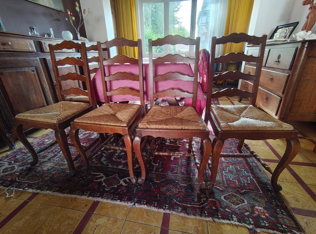 5 chaises en bois massif/paille vintage, Maison & Meubles, Enlèvement, Utilisé, Rustique, 4 à 6 chaises