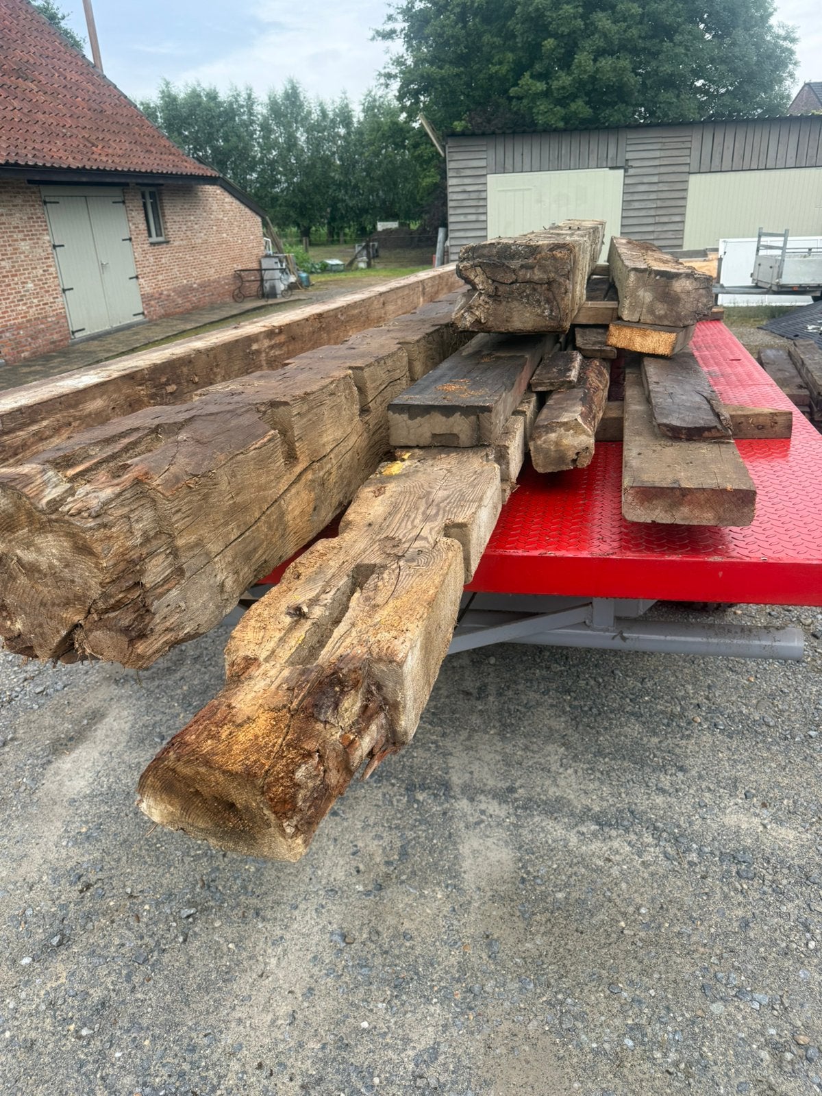 Partij oude balken, Tuin en Terras, Ophalen, Gebruikt, Hardhout, 250 cm of meer