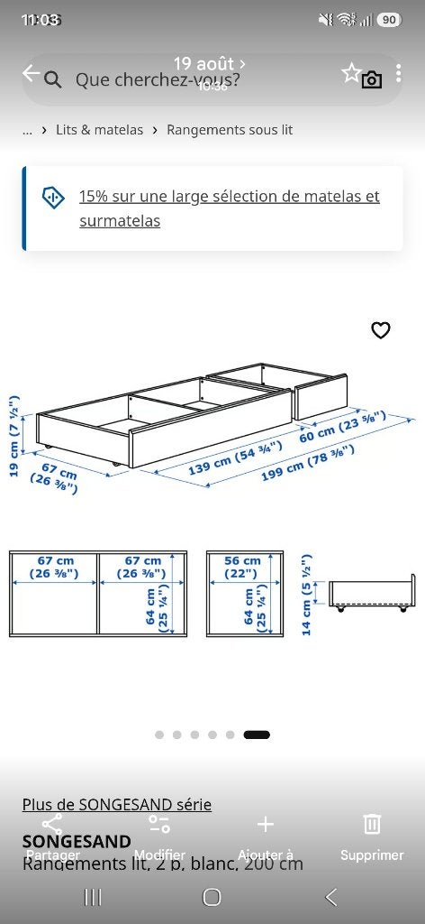 Tiroir lit ikea, Enlèvement, Utilisé, Deux personnes