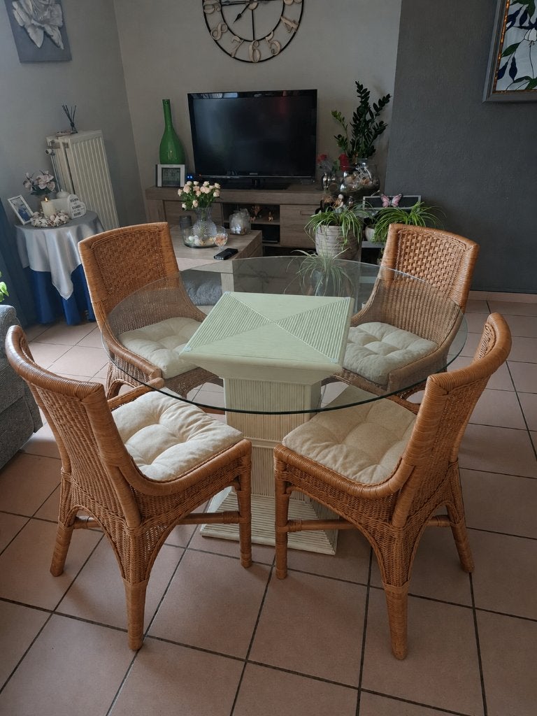 Glazen ronde tafel met stoelen, Ophalen, Gebruikt, Rond, Vier personen