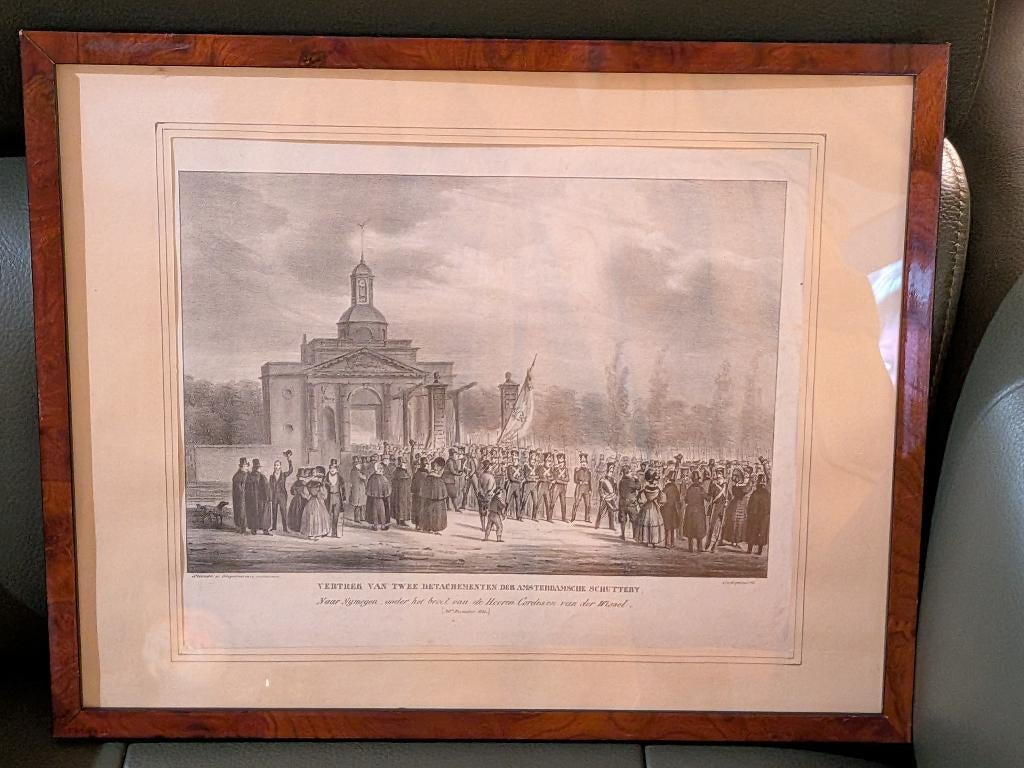 Antieke litho "Vertrek Amsterdamsche schuttery 1830", Verzamelen, Ophalen of Verzenden, Landmacht, Kunstobject
