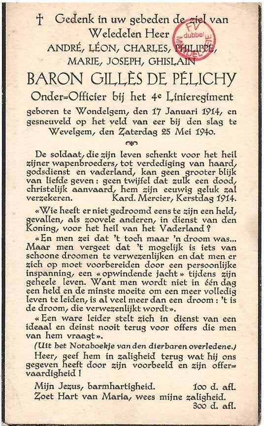 RP Baron Gilles De Pélichy, slag Wevelgem 25/05/1940, Ophalen of Verzenden