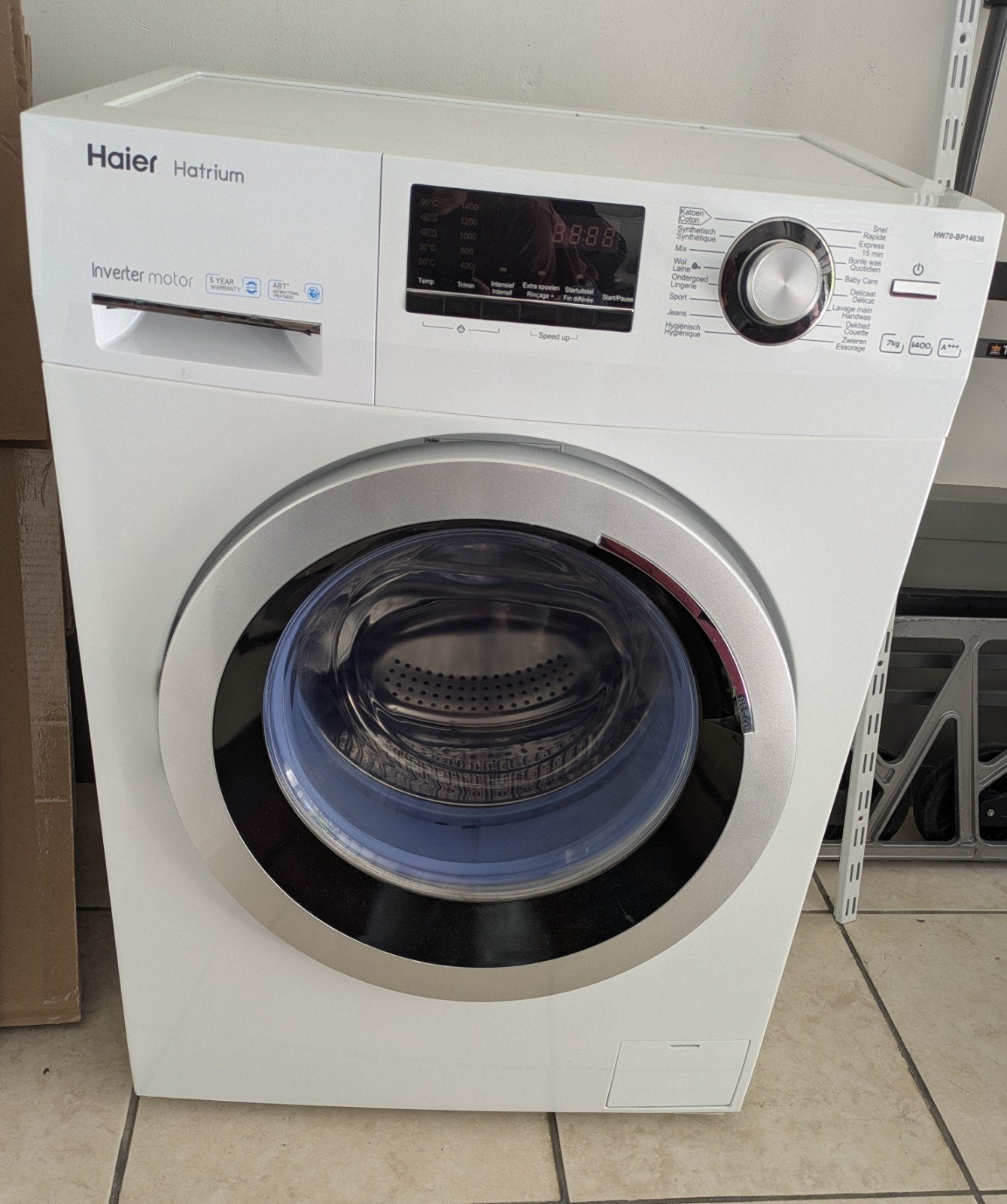 Wasmachine Haier Hatrium HW70-BP14636 A+++, Ophalen, Gebruikt, Energieklasse A of zuiniger, 1200 tot 1600 toeren