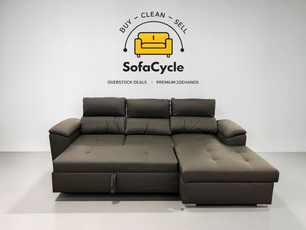 Hoekzetel grijsgroen in skai met slaapbed, hoek R, Huis en Inrichting, Nieuw, Zonnestraat 223-229, 9600 Ronse, België, Info@sofacycle.be
