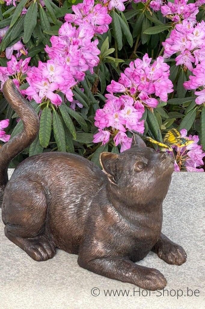 Kat met vlinder - bronzen beeld, Ophalen of Verzenden