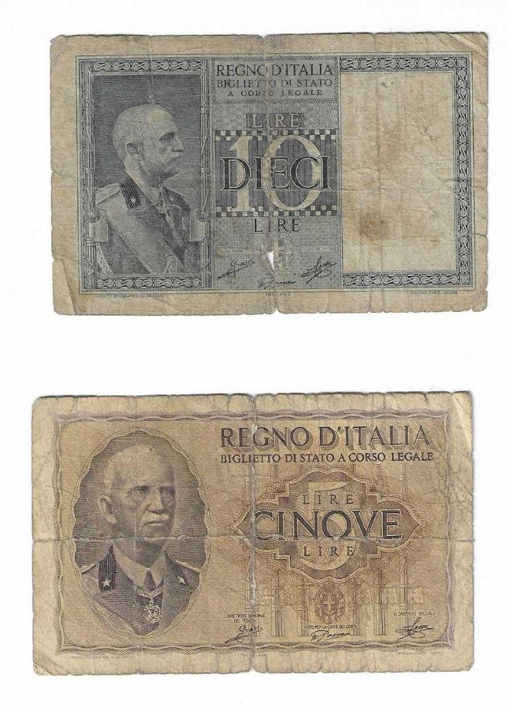 Lot van 2 oude bankbiljetten Italië ( Munt 0005 ), Ophalen of Verzenden, Italië, Los biljet