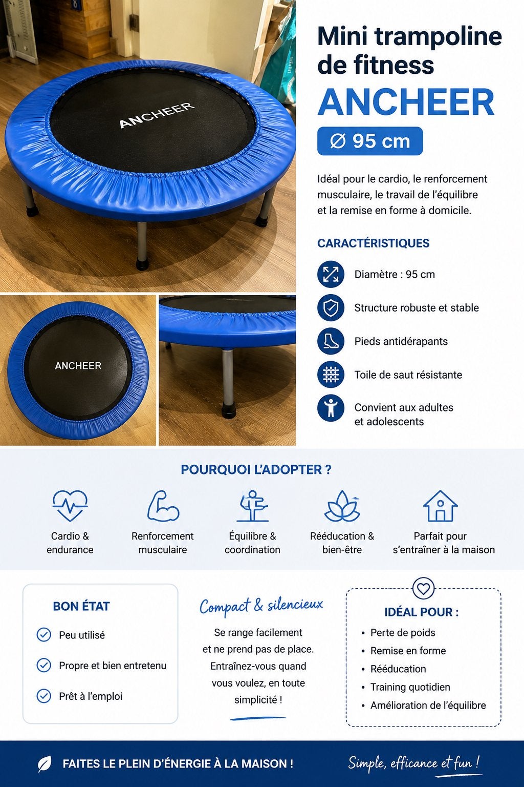 Mini trampoline de fitness ANCHEER – Ø 95 cm, Enfants & Bébés, Jouets | Extérieur | Trampolines, Enlèvement, Comme neuf