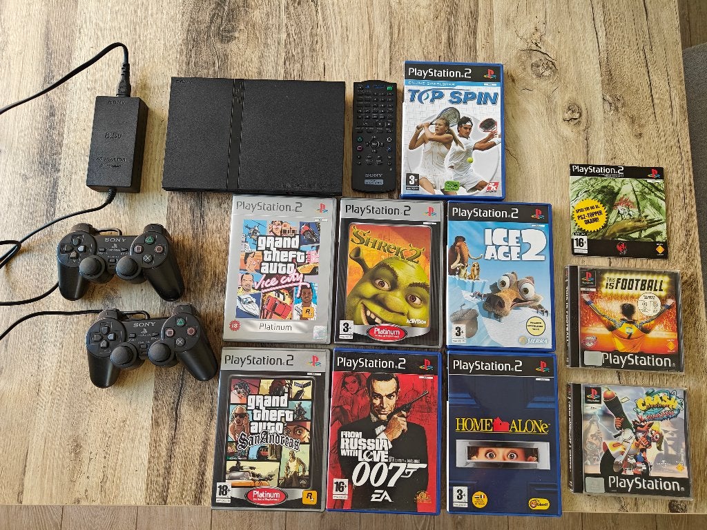 Sony PlayStation 2 (PS2) Slim + 2 controllers + 10 games, Ophalen, Zwart, Met 2 controllers, Slim