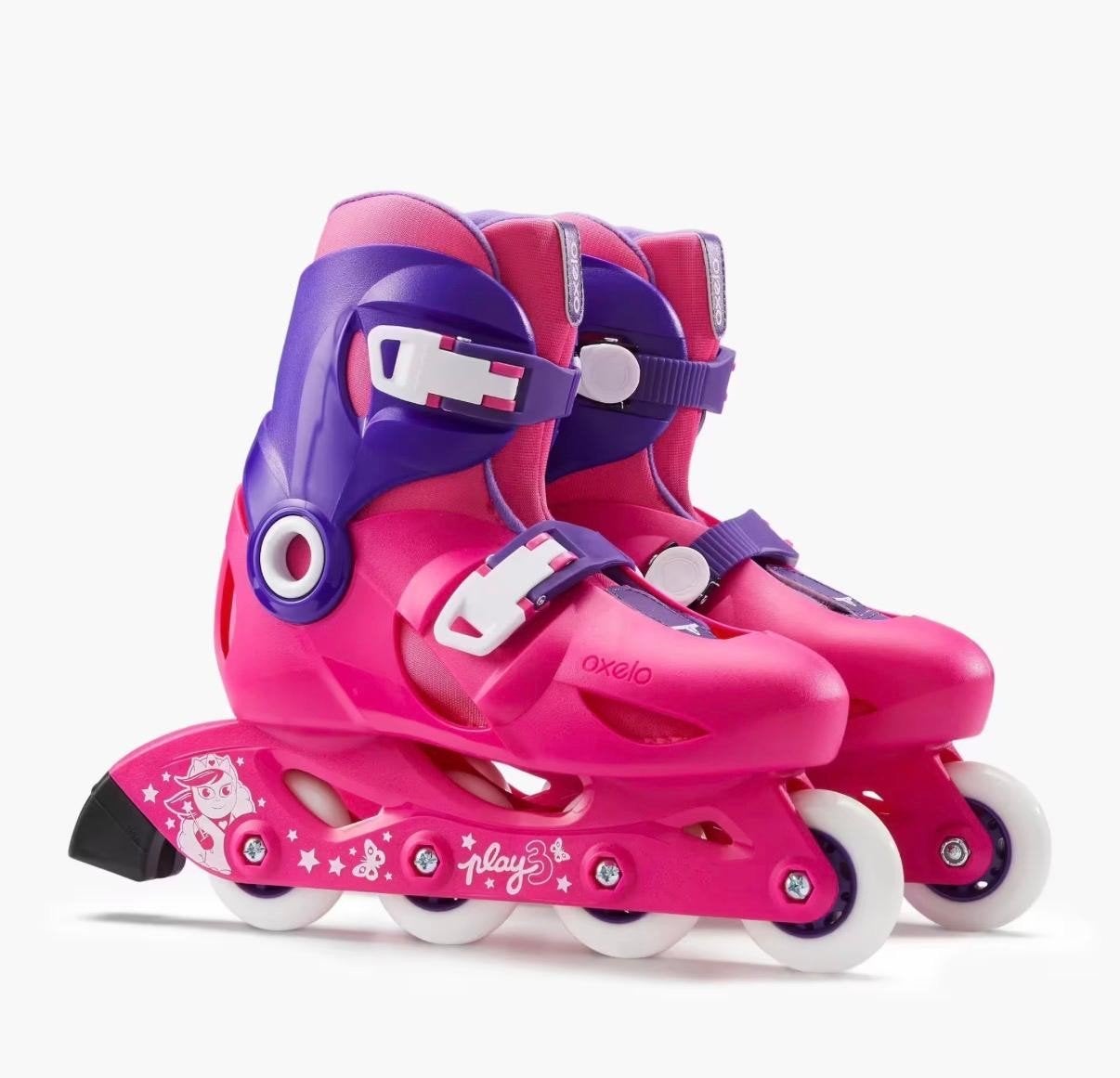 Oxelo rolschaatsen maat 32–34 voor meisjes + kniebeschermers, Kinderen en Baby's, Ophalen, Verstelbaar, Kinderen, Zo goed als nieuw