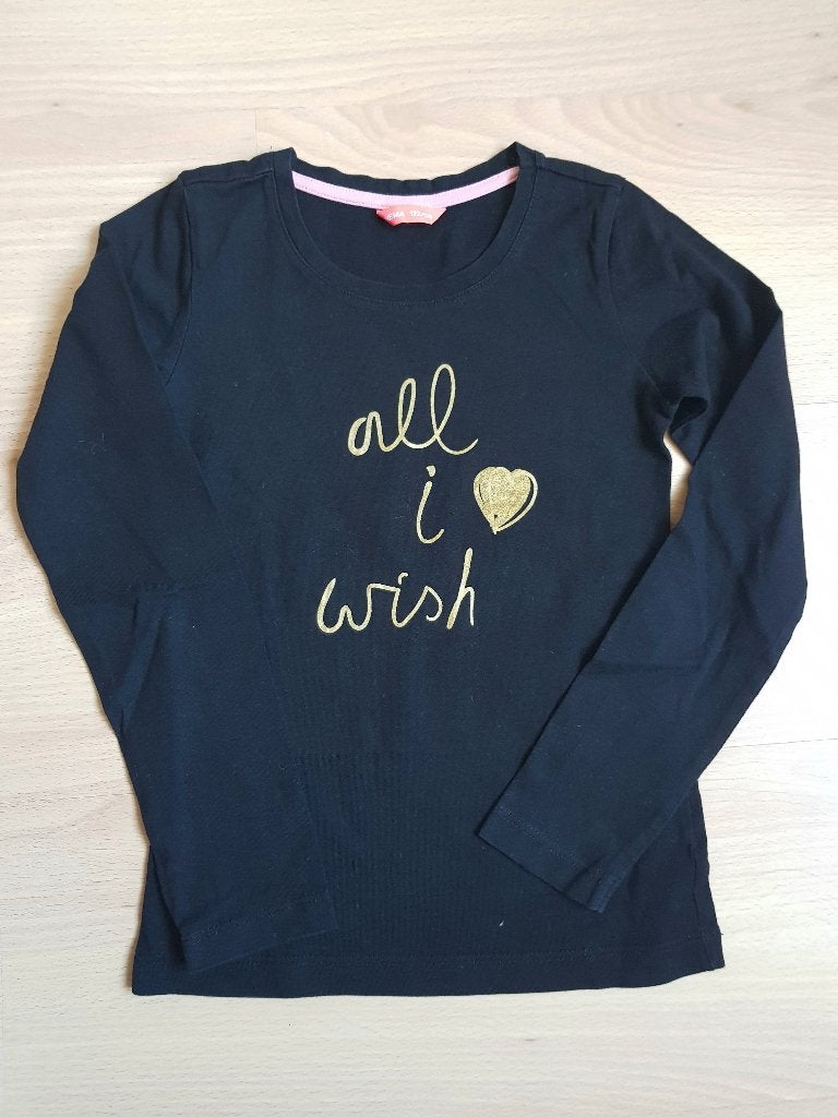 Zwarte longsleeve met gouden tekst - maat 122-128, Kinderen en Baby's, Gebruikt, Meisje, Ophalen of Verzenden, Shirt of Longsleeve