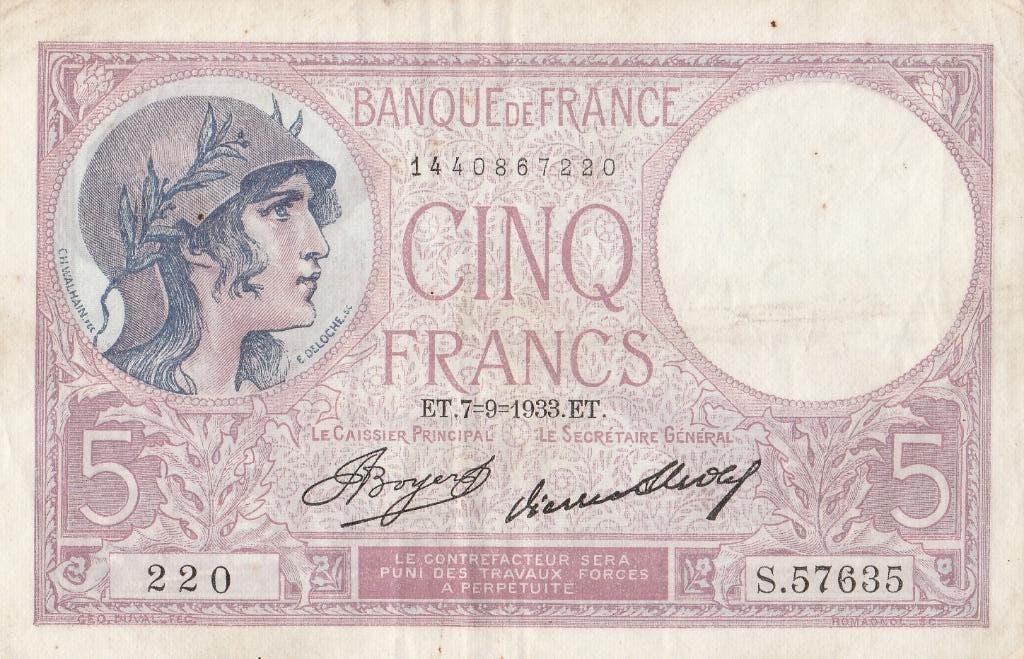 Le billet « Femme Casquée », 5 francs, 07.09.1933, Enlèvement ou Envoi, France, Billets en vrac