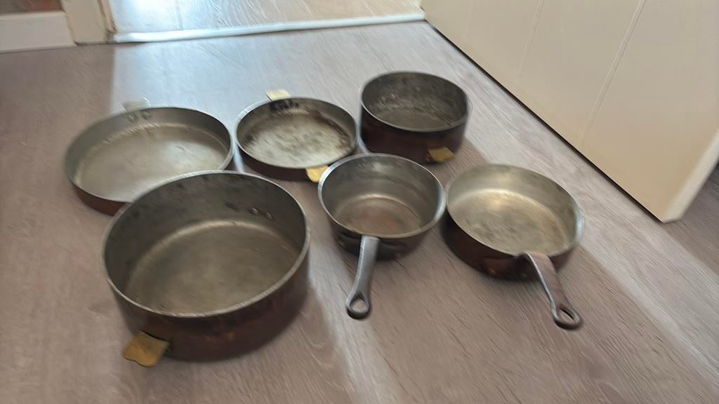Set van 6 koperen potten en pannen, Enlèvement, Utilisé, Ensemble de casseroles