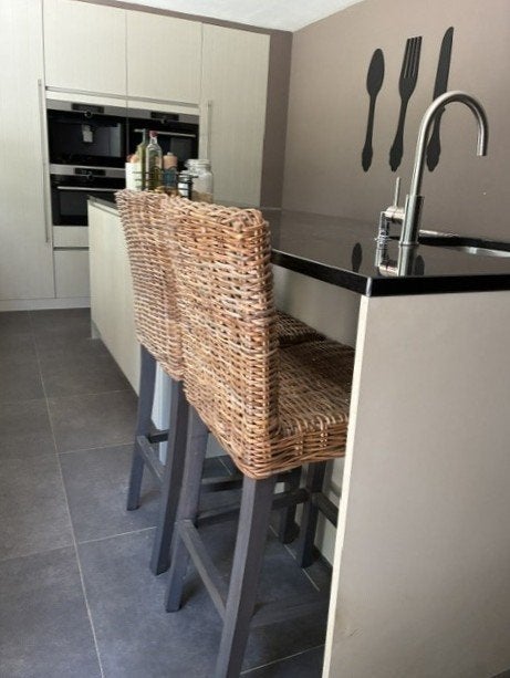Poeder gelakte keuken kasten met graniet werkbladen, Enlèvement, Utilisé, Crème, 200 cm ou plus