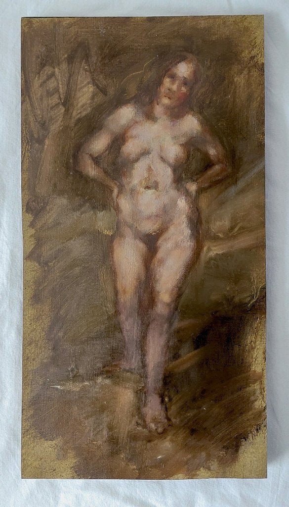 Schilderijtje van Staand Vrouwelijk Naakt - Olieverf, Portrait ou Personnes, Enlèvement ou Envoi, Peinture à l'huile, Signé