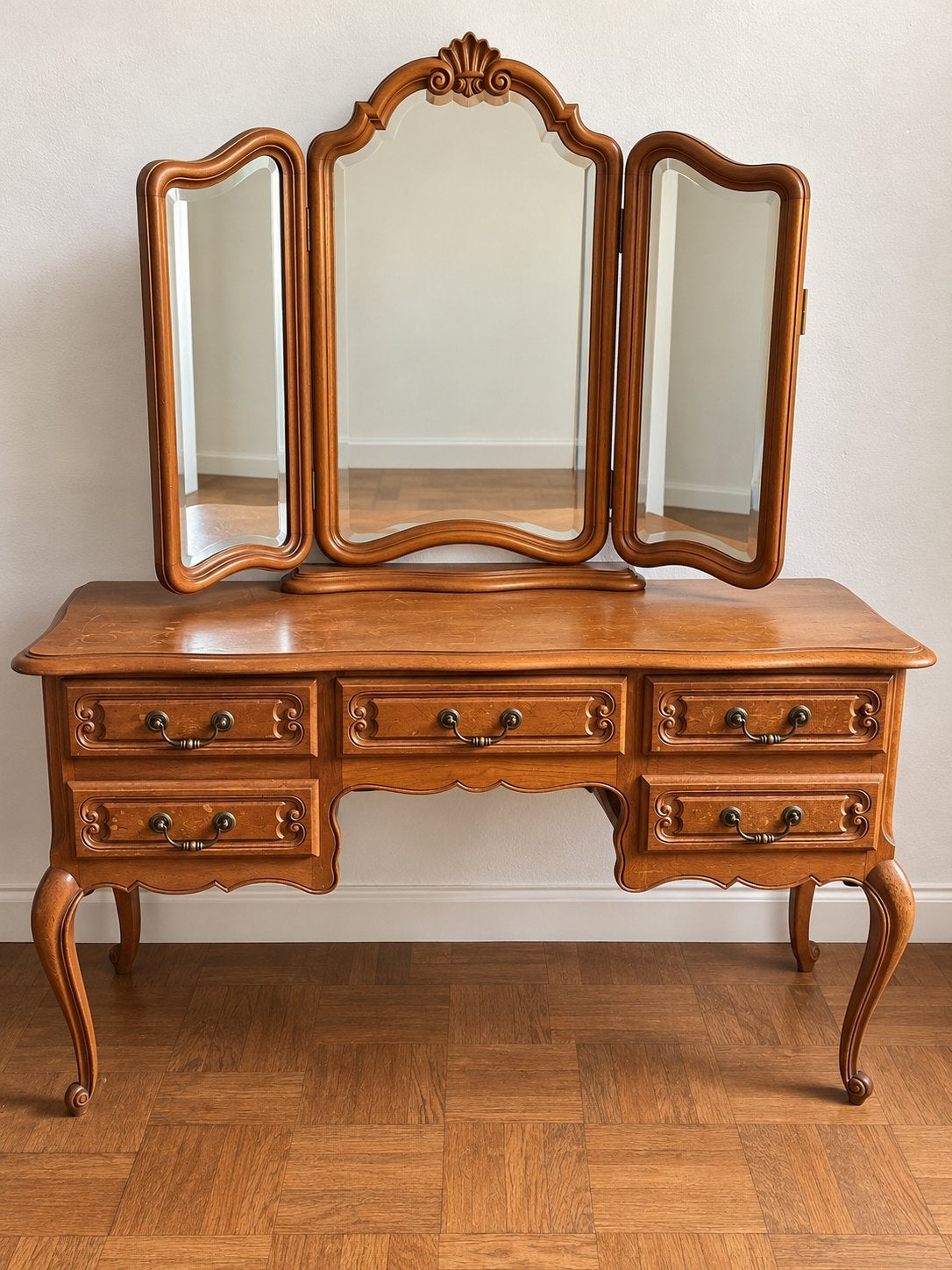 Coiffeuse ancienne en bois avec miroir triptyque, Enlèvement, Comme neuf, Bois