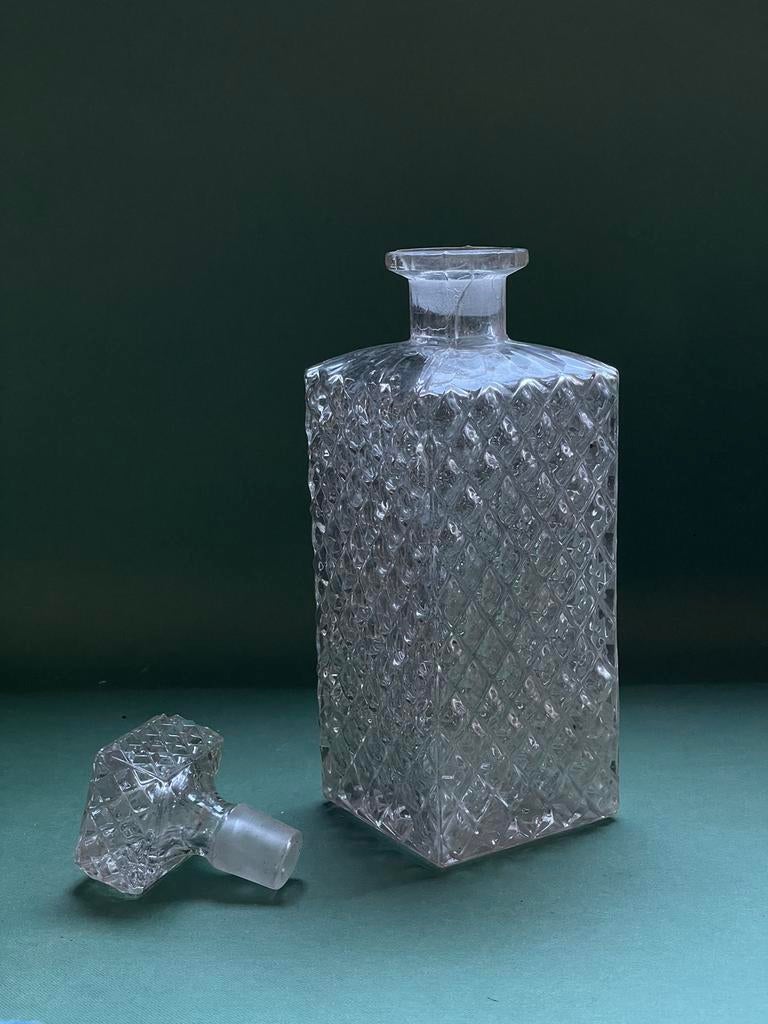 vintage glazen karaf / decanter met stop in diamantpatroon., Antiek en Kunst, Ophalen of Verzenden