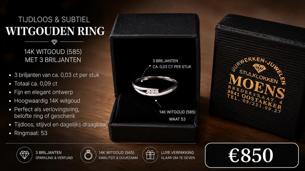 Witgouden ring met briljanten - 14k - maat 53, Handtassen en Accessoires, Ringen, Ophalen, Gebruikt, Met edelsteen, Dame